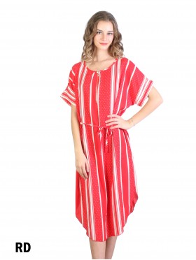 Stripe & Dots Print Dress W/ Belt & Zipper